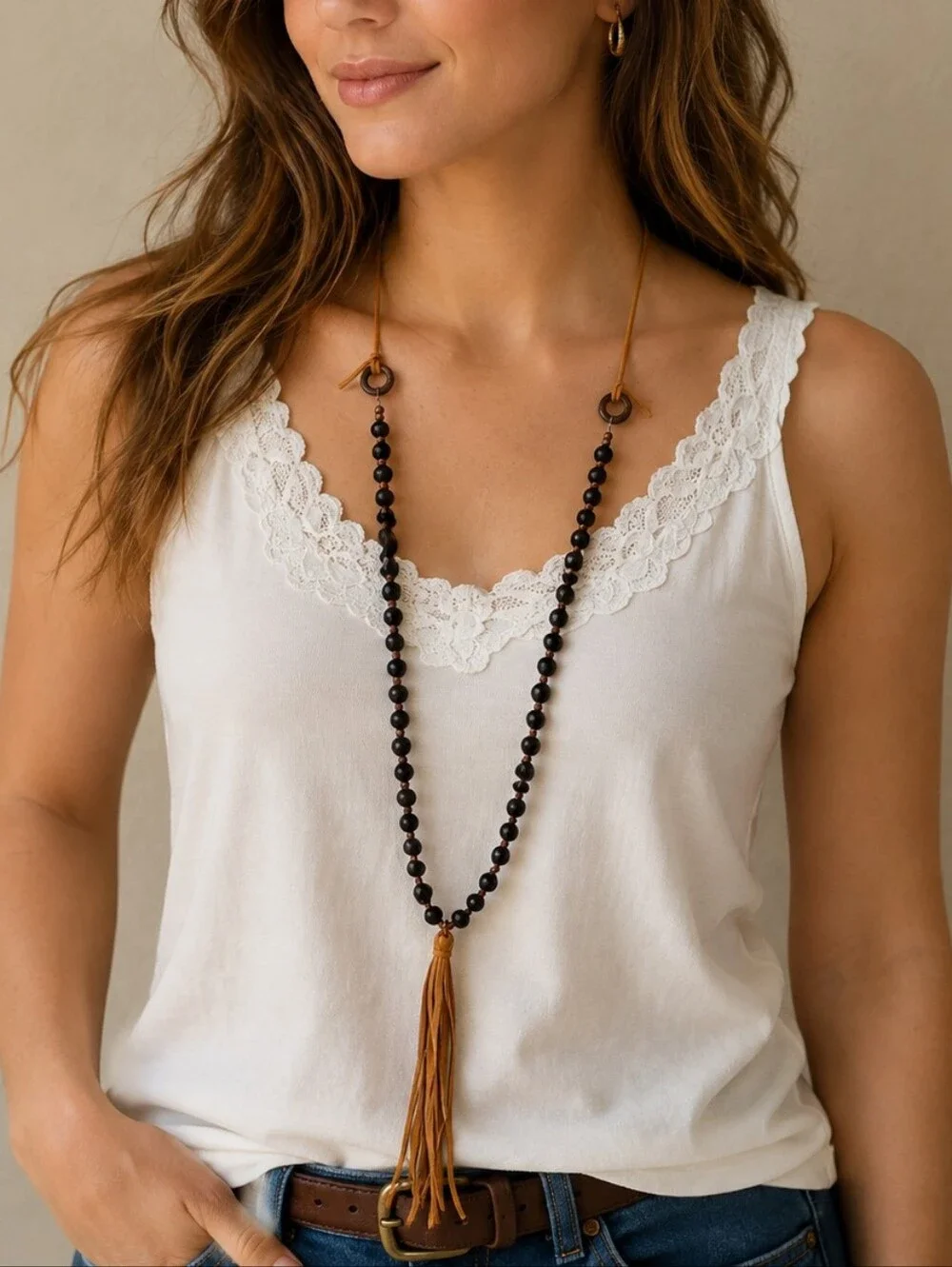 Black Faceted Glass Beaded Tassel Necklace with Brown Leather Cord